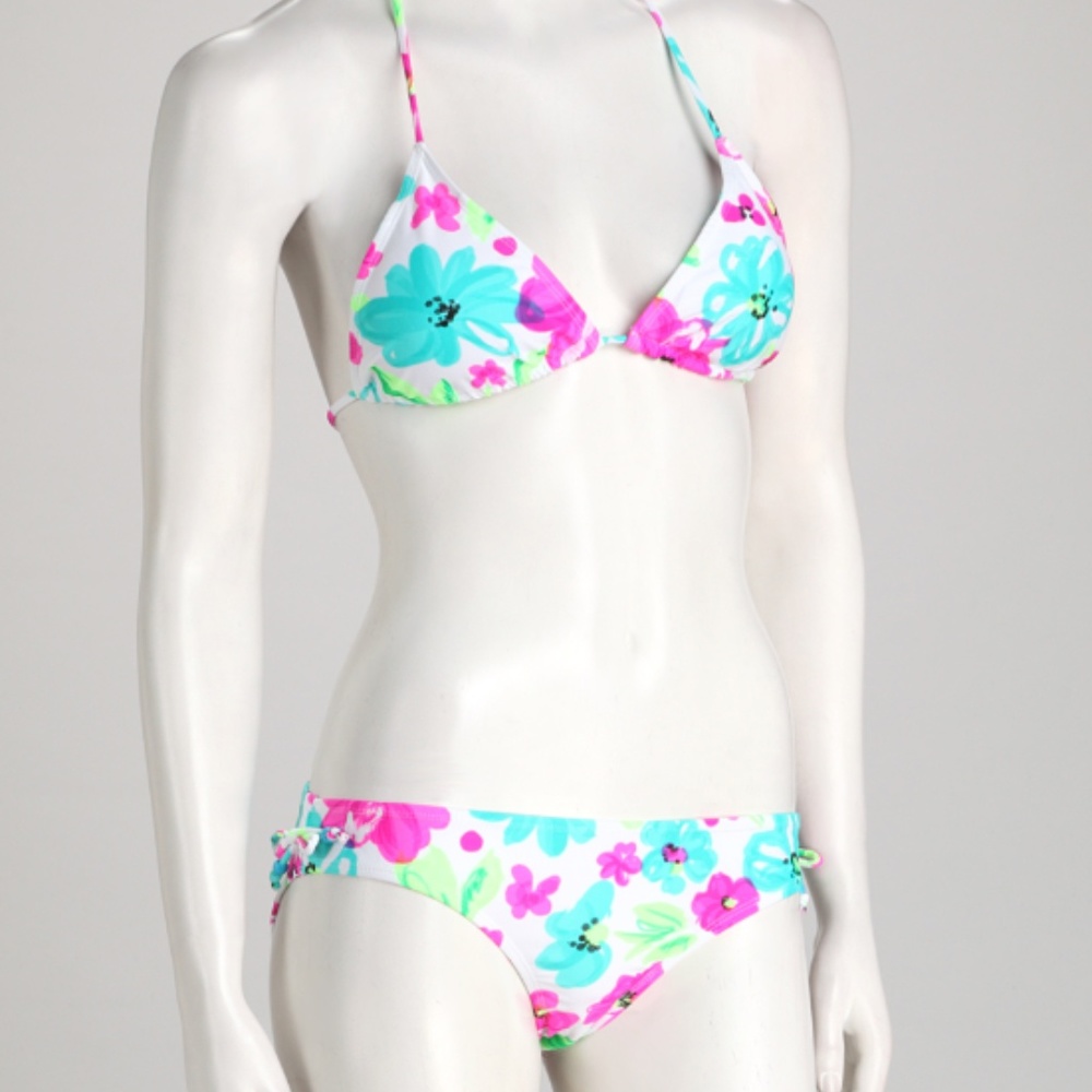 White & Blue Floral Triangle-Top Bikini